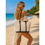 Fashion, accesorii si bijuterii - Femei - Accesorii femei - Genti si rucsacuri femei - Geanta de plaja dama cu fermoar, tip shopper, bej si negru - Infinity.ro