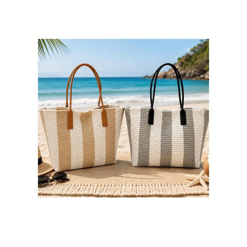 Fashion, accesorii si bijuterii - Femei - Accesorii femei - Genti si rucsacuri femei - Geanta de plaja dama tip shopper, inchidere cu capse, bej si maro deschis - Infinity.ro