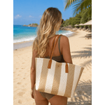 Fashion, accesorii si bijuterii - Femei - Accesorii femei - Genti si rucsacuri femei - Geanta de plaja dama tip shopper, inchidere cu capse, bej si maro deschis - Infinity.ro