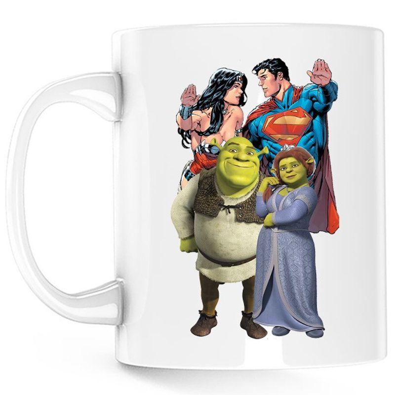 Casa si Gradina - Bucatarie si vesela - Cani si pahare - Cani si cesti - Cana Shrek Princess Fiona Ogre Medieval Superman Wonderwoman, alba,  330 ml - Infinity.ro