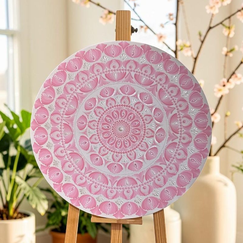 Casa si Gradina - Decoratiuni - Tablouri - Pentru fetita din tine- Tablou Mandala pictat manual in nuante de roz, 60 cm - Infinity.ro