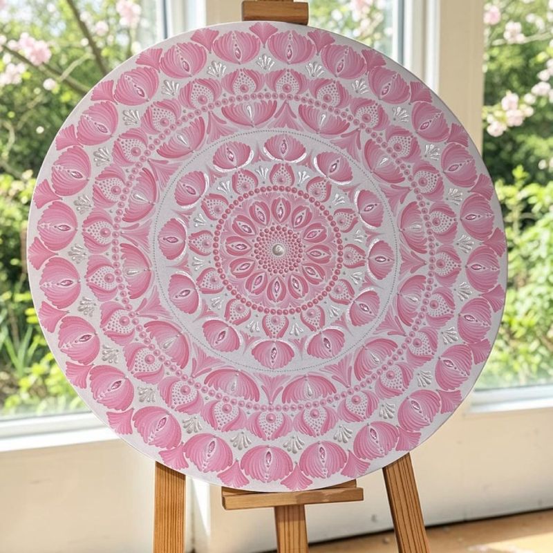 Casa si Gradina - Decoratiuni - Tablouri - Pentru fetita din tine- Tablou Mandala pictat manual in nuante de roz, 60 cm - Infinity.ro