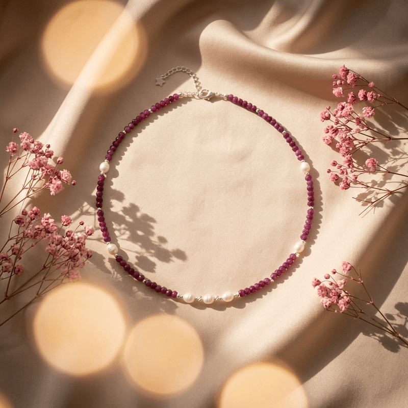 Fashion, accesorii si bijuterii - Femei - Bijuterii femei - Coliere femei - NOU! Colier choker Kiara din cristale de rubin si perle de cultura cu argint 925 - Infinity.ro