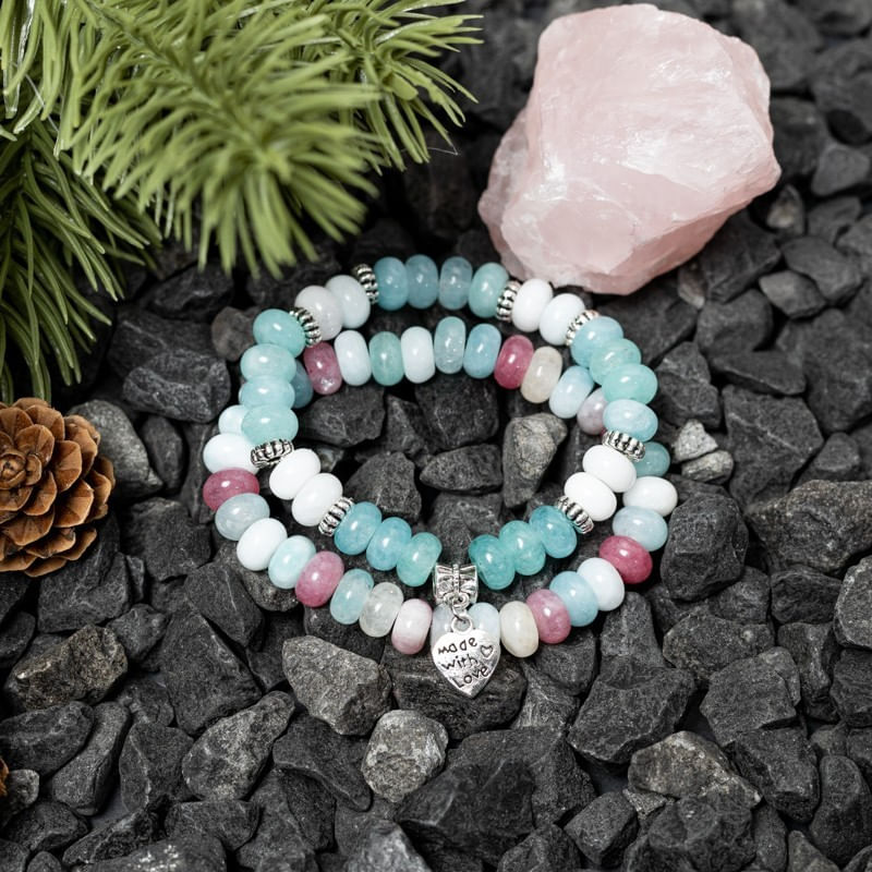 Fashion, accesorii si bijuterii - Femei - Bijuterii femei - Bratari femei - Set Dalia bratari handmade dama din Pietre Naturale Morganit cu charm Inima - Infinity.ro