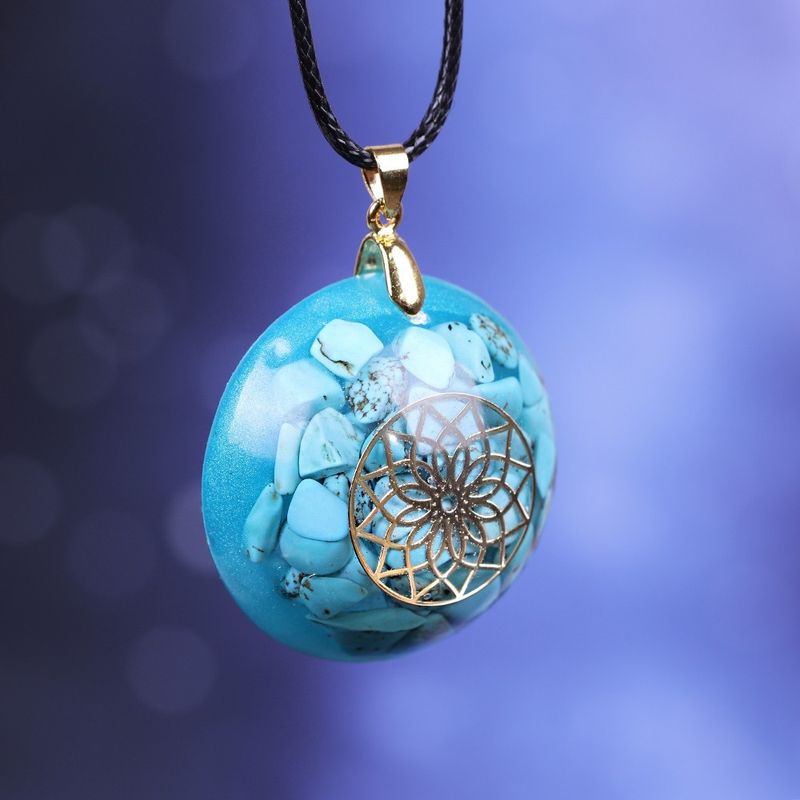 Fashion, accesorii si bijuterii - Femei - Bijuterii femei - Pandantive femei - Pandantiv Orgonic SHANTE din Pietre Turcoaz, cu Simbol Floarea Vietii, 3.6 cm - Infinity.ro
