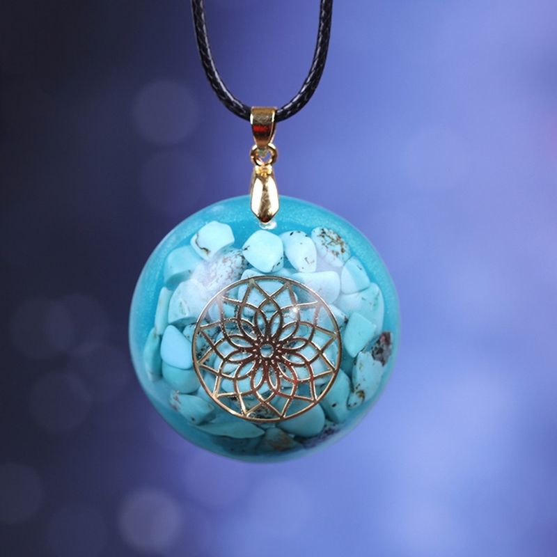 Fashion, accesorii si bijuterii - Femei - Bijuterii femei - Pandantive femei - Pandantiv Orgonic SHANTE din Pietre Turcoaz, cu Simbol Floarea Vietii, 3.6 cm - Infinity.ro