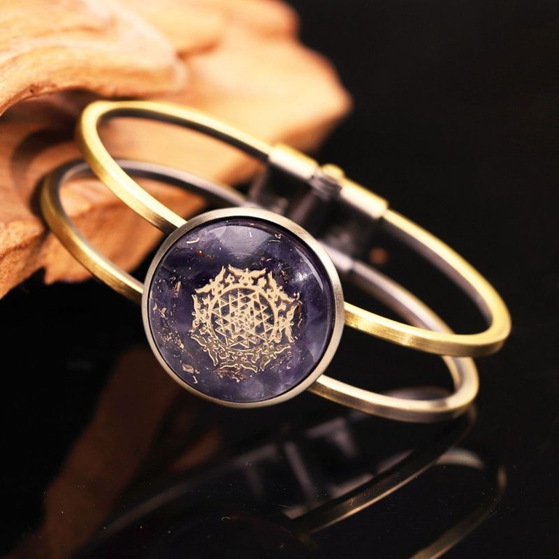 Fashion, accesorii si bijuterii - Femei - Bijuterii femei - Bratari femei - Bratara orgonica ASHIA din alama galvanizata in bronz antic, foite Cupru si Ametist si Sri Yantra, 6.2 cm - Infinity.ro