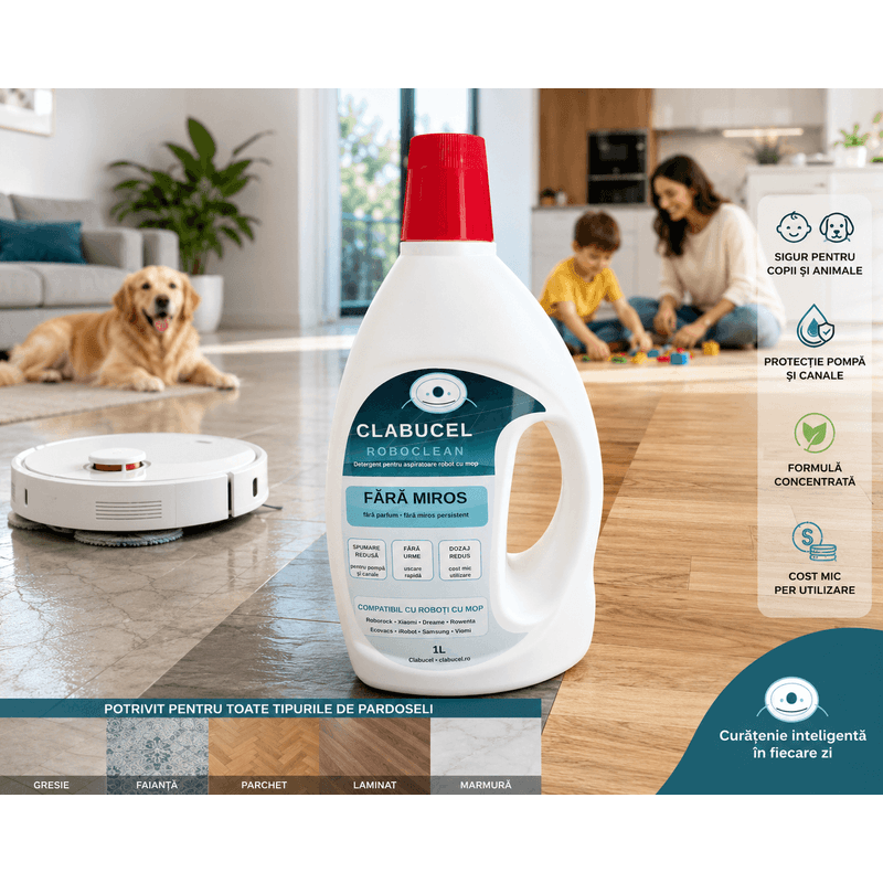 Electronice si Electrocasnice - Ingrijirea locuintei - Accesorii aparate pentru ingrijirea locuintei - Detergent Clăbucel pentru aspirator robot cu Mop Universal compatibil cu orice Robot cu Mop 1000ml - Infinity.ro