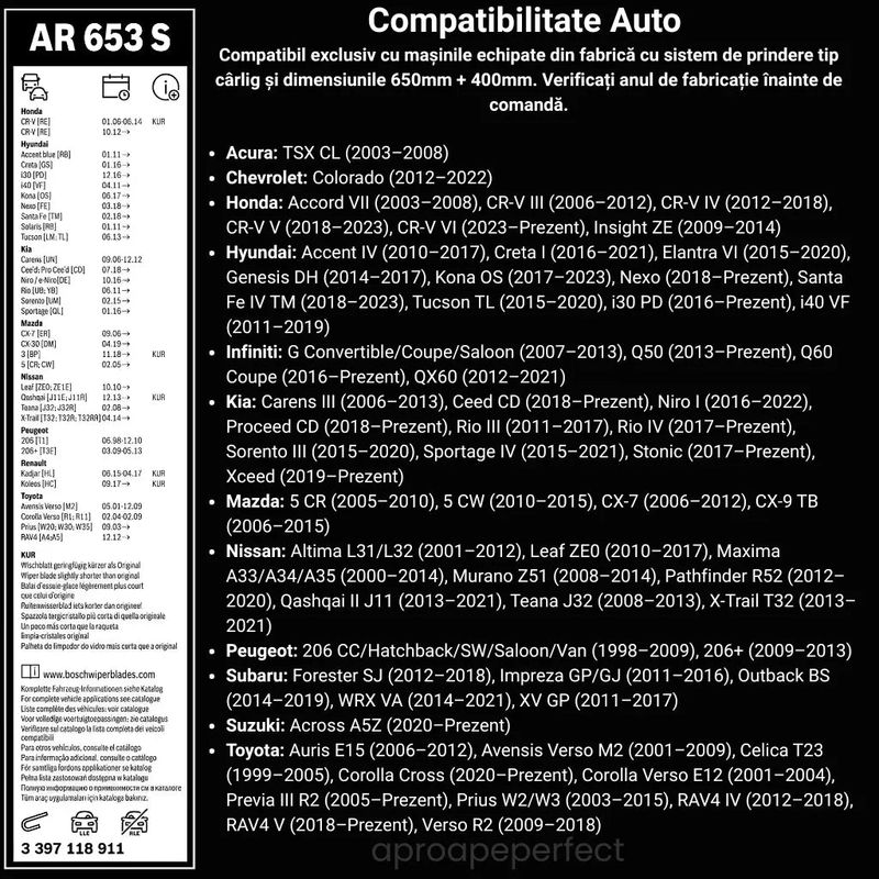 Auto si Moto - Intretinere auto - Stergatoare - Set 2 Stergatoare Parbriz Bosch Aerotwin Retrofit AR653S, 650 mm + 400 mm, Prindere Tip Carlig (J-Hook) - Infinity.ro