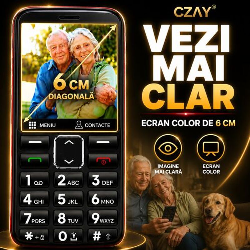 Laptop, Telefoane si Tablete - Telefoane mobile si accesorii - Telefoane Mobile - Telefon Mobil Seniori CZAY® cu Taste Mari, Meniu Romana si Maghiara,Ecran Mare,Camera Foto,Volum Puternic,Negru,2G - Infinity.ro