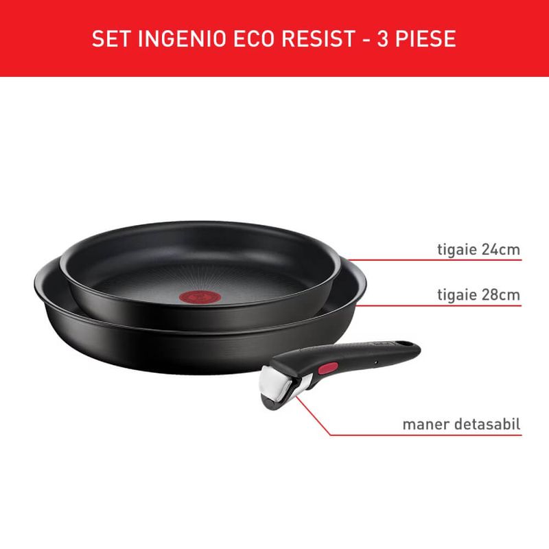 Casa si Gradina - Bucatarie si vesela - Vase pentru gatit - Tigai si seturi - Set de 3 piese Tefal Ingenio Eco Resist L3979102, tigaie de 24/28 cm, maner detasabil, invelis antiaderent Titanium - Infinity.ro