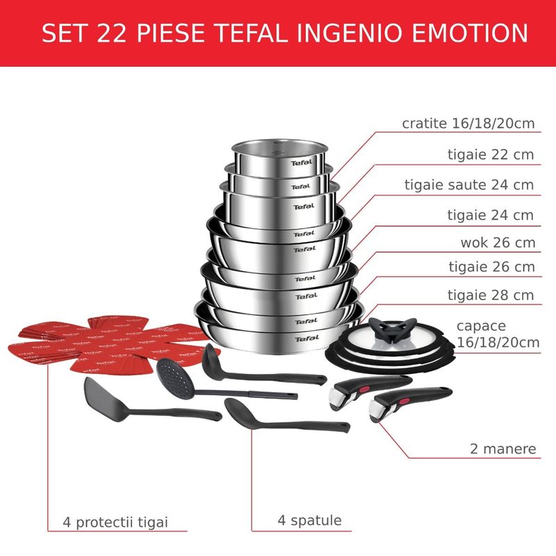 Casa si Gradina - Bucatarie si vesela - Vase pentru gatit - Tigai si seturi - Set 22 piese Tefal Ingenio Emotion L897SM74, cratite 16/18/20 cm, tigai 22/24/26/28 cm, tigaie saute 24 cm, wok 26 cm - Infinity.ro