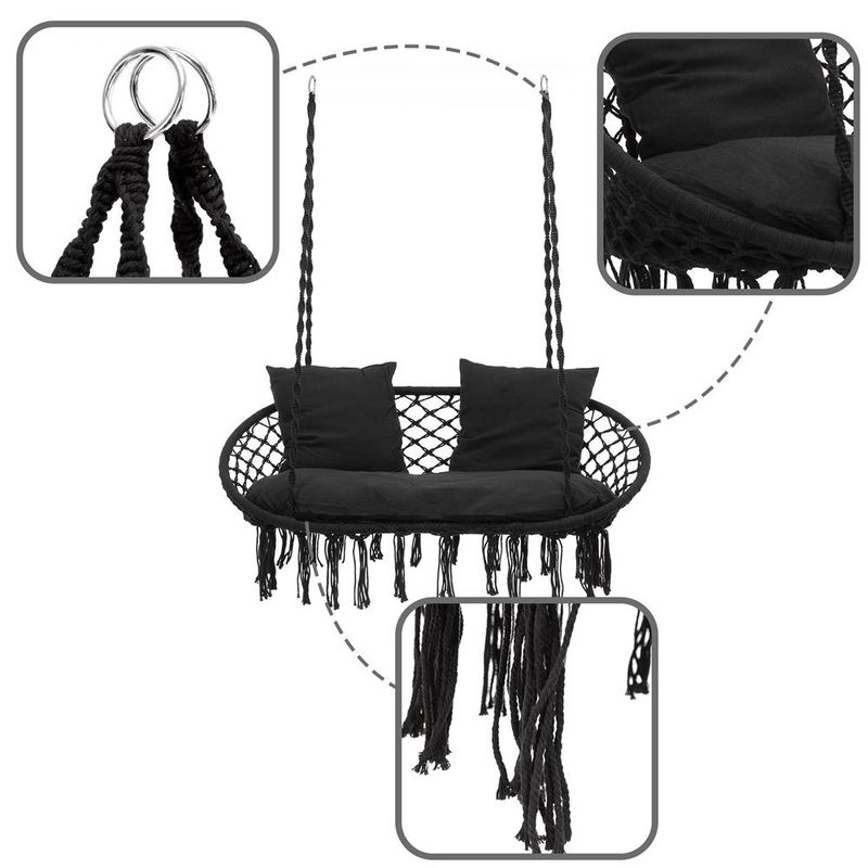 Casa si Gradina - Gradina si terasa - Balansoare si hamace - Balansoare - Scaun dublu tip leagan suspendat pentru casa sau gradina, cu perne, stil boho, 128x66x124 cm, maxim 300 kg, negru - Infinity.ro