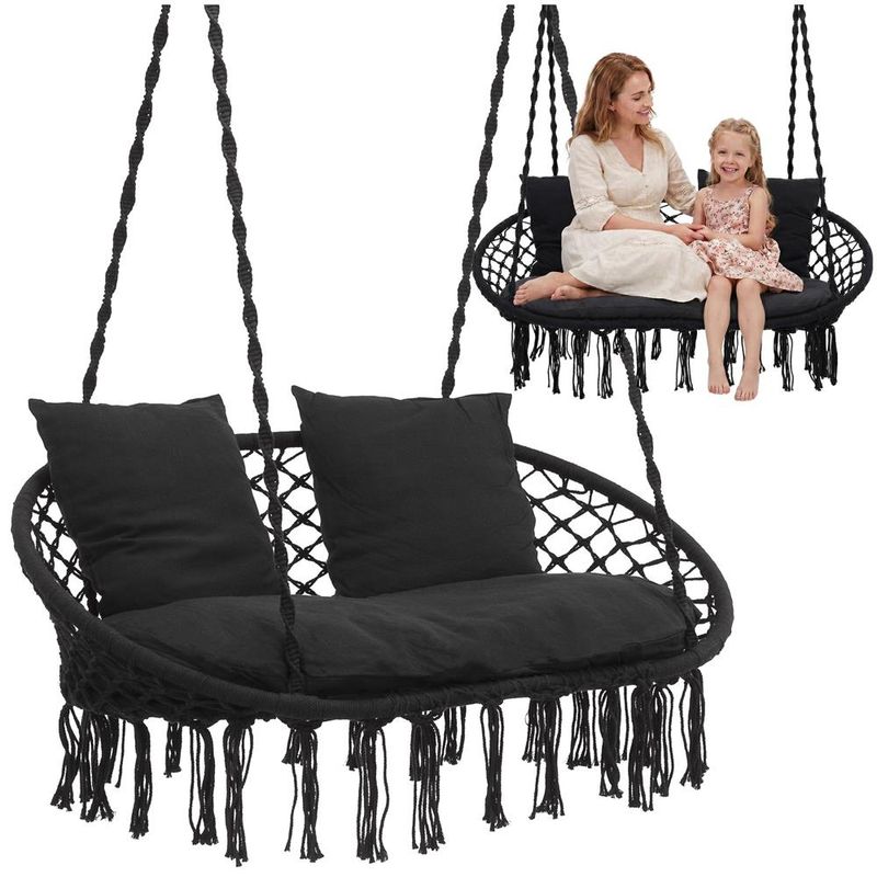 Casa si Gradina - Gradina si terasa - Balansoare si hamace - Balansoare - Scaun dublu tip leagan suspendat pentru casa sau gradina, cu perne, stil boho, 128x66x124 cm, maxim 300 kg, negru - Infinity.ro