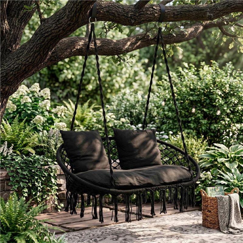 Casa si Gradina - Gradina si terasa - Balansoare si hamace - Balansoare - Scaun dublu tip leagan suspendat pentru casa sau gradina, cu perne, stil boho, 128x66x124 cm, maxim 300 kg, negru - Infinity.ro