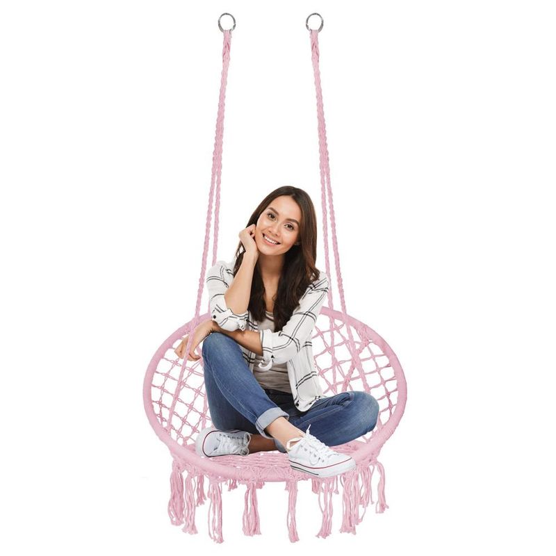 Casa si Gradina - Gradina si terasa - Balansoare si hamace - Balansoare - Scaun rotund tip leagan suspendat pentru casa sau gradina SPR42, cu franjuri, 150kg, roz - Infinity.ro