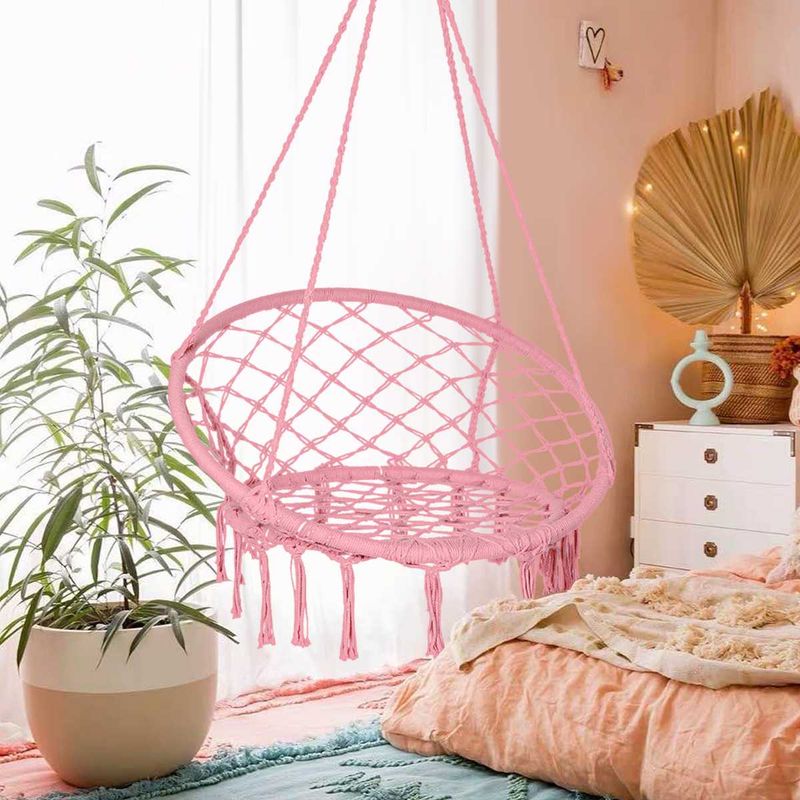 Casa si Gradina - Gradina si terasa - Balansoare si hamace - Balansoare - Scaun rotund tip leagan suspendat pentru casa sau gradina SPR42, cu franjuri, 150kg, roz - Infinity.ro