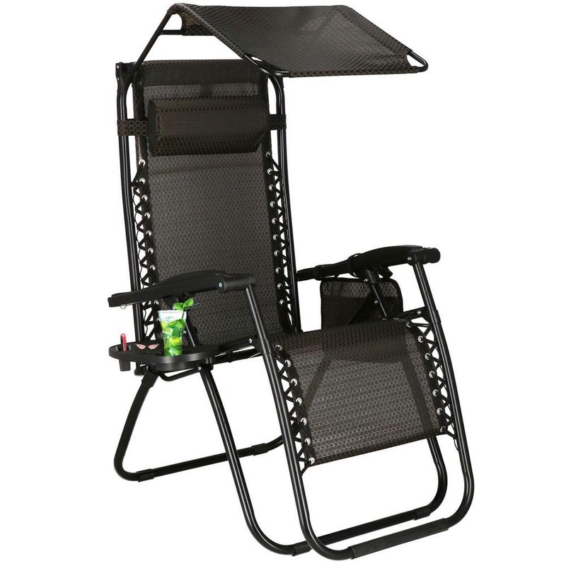 Casa si Gradina - Gradina si terasa - Mobilier exterior - Scaune si sezlonguri gradina - Sezlong pliabil cu parasolar si suport pahare, spatar blocare pozitie, textilene impermeabil, max 130 kg, 77x110x175 - Infinity.ro