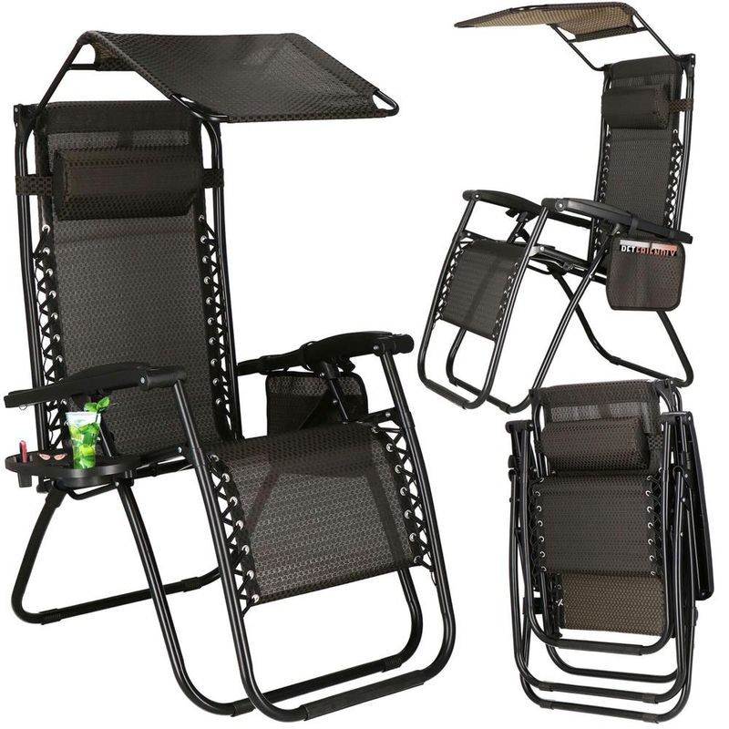 Casa si Gradina - Gradina si terasa - Mobilier exterior - Scaune si sezlonguri gradina - Sezlong pliabil cu parasolar si suport pahare, spatar blocare pozitie, textilene impermeabil, max 130 kg, 77x110x175 - Infinity.ro