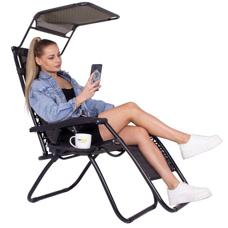 Casa si Gradina - Gradina si terasa - Mobilier exterior - Scaune si sezlonguri gradina - Sezlong pliabil cu parasolar si suport pahare, spatar blocare pozitie, textilene impermeabil, max 130 kg, 77x110x175 - Infinity.ro