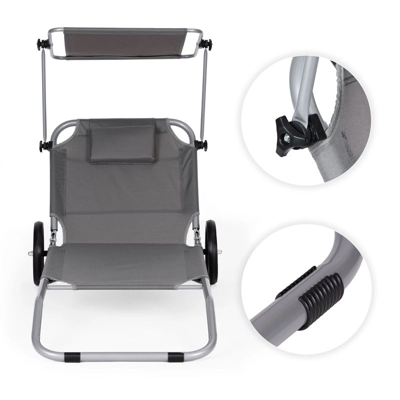Casa si Gradina - Gradina si terasa - Mobilier exterior - Scaune si sezlonguri gradina - Sezlong pliabil pentru plaja cu roti, cadru metalic si tesatura oxford, parasolar si tetiera, 120 kg, gri - Infinity.ro