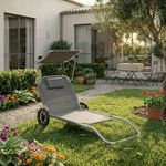 Casa si Gradina - Gradina si terasa - Mobilier exterior - Scaune si sezlonguri gradina - Sezlong pliabil pentru plaja cu roti, cadru metalic si tesatura oxford, parasolar si tetiera, 120 kg, gri - Infinity.ro