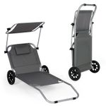 Casa si Gradina - Gradina si terasa - Mobilier exterior - Scaune si sezlonguri gradina - Sezlong pliabil pentru plaja cu roti, cadru metalic si tesatura oxford, parasolar si tetiera, 120 kg, gri - Infinity.ro