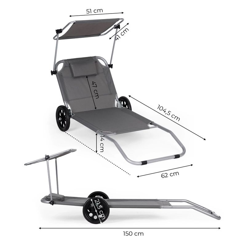Casa si Gradina - Gradina si terasa - Mobilier exterior - Scaune si sezlonguri gradina - Sezlong pliabil pentru plaja cu roti, cadru metalic si tesatura oxford, parasolar si tetiera, 120 kg, gri - Infinity.ro