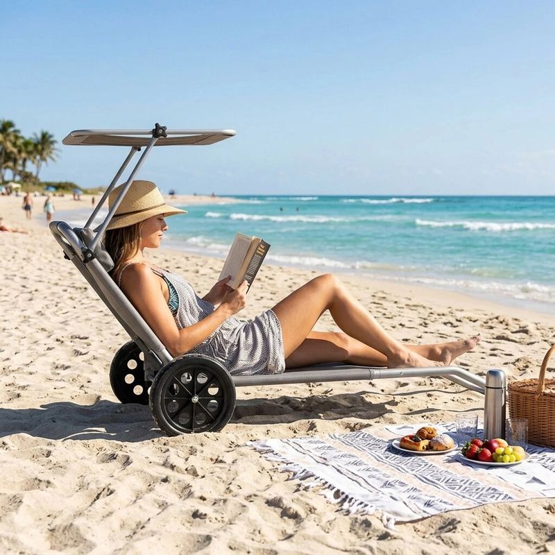 Casa si Gradina - Gradina si terasa - Mobilier exterior - Scaune si sezlonguri gradina - Sezlong pliabil pentru plaja cu roti, cadru metalic si tesatura oxford, parasolar si tetiera, 120 kg, gri - Infinity.ro