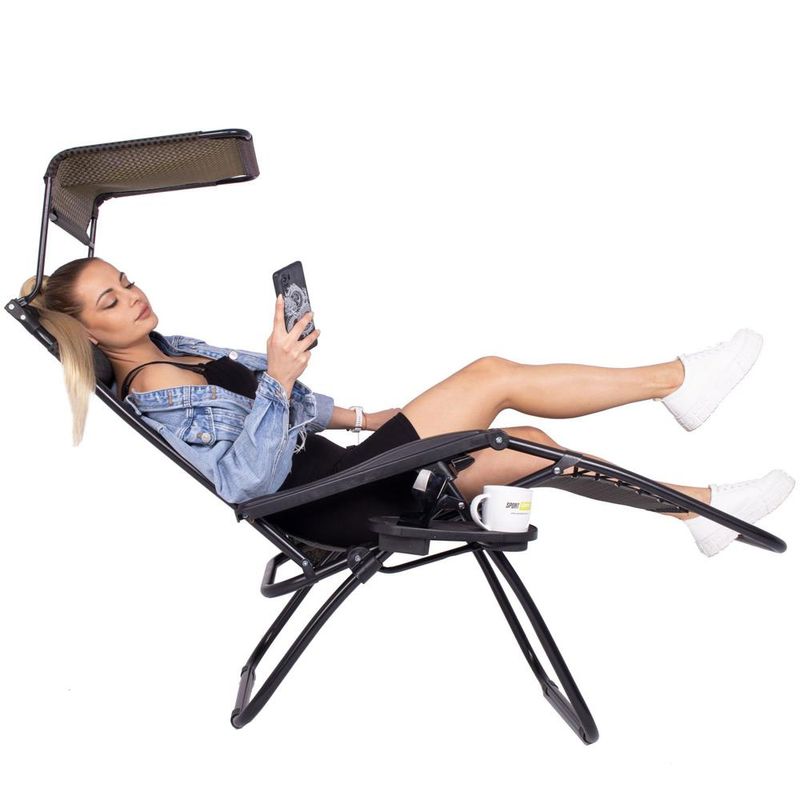 Casa si Gradina - Gradina si terasa - Mobilier exterior - Scaune si sezlonguri gradina - Sezlong pliabil cu parasolar si suport pahare, spatar blocare pozitie, textilene impermeabil, max 130 kg, 77x110x175 - Infinity.ro