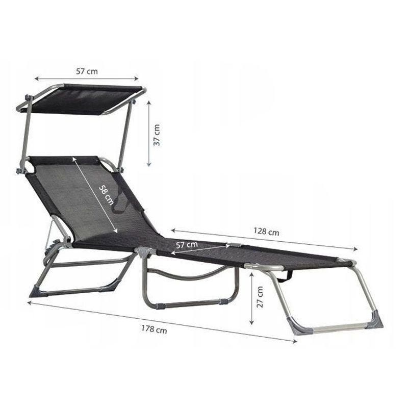 Casa si Gradina - Gradina si terasa - Mobilier exterior - Scaune si sezlonguri gradina - Sezlong pliabil cu parasolar, spatar reglabil, 178x57 cm, 150 kg, negru - Infinity.ro