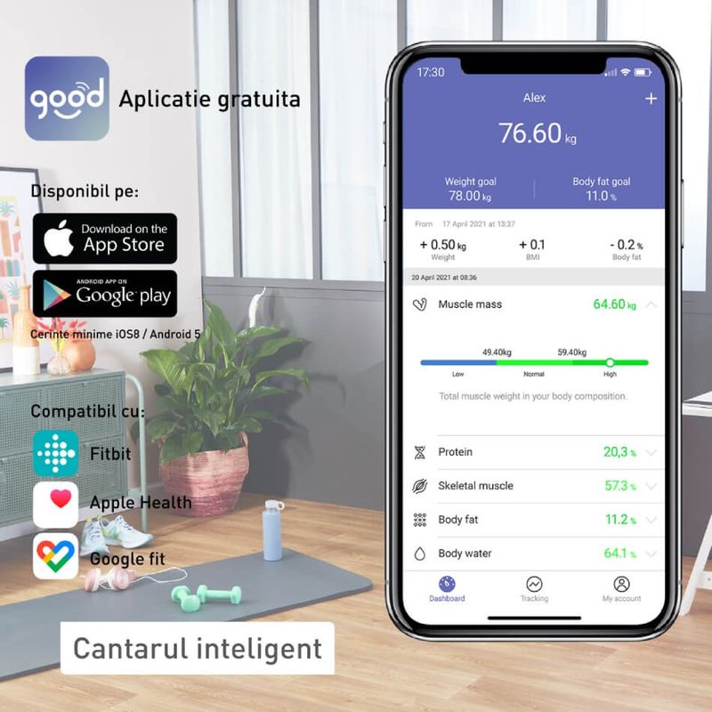 Ingrijire personala si Cosmetice - Sanatate si wellness - Aparate medicale - Cantare corporale - Cantar inteligent Tefal Goodvibes Life BM9600S1, 10 indicatori de masurare, aplicatie dedicata, greutate maxima 160 kg - Infinity.ro