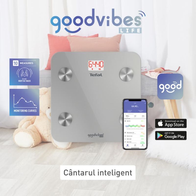Ingrijire personala si Cosmetice - Sanatate si wellness - Aparate medicale - Cantare corporale - Cantar inteligent Tefal Goodvibes Life BM9600S1, 10 indicatori de masurare, aplicatie dedicata, greutate maxima 160 kg - Infinity.ro