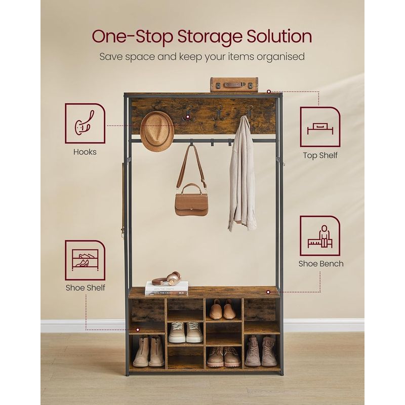 Casa si Gradina - Mobilier - Organizare si depozitare - Cuiere - Cuier pentru hol cu banca si pantofar, raft superior, carlige reglabile, cadru metalic, stil industrial, 100x32x180 cm - Infinity.ro
