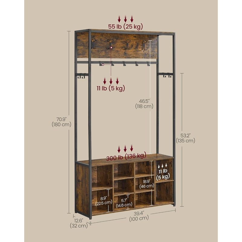 Casa si Gradina - Mobilier - Organizare si depozitare - Cuiere - Cuier pentru hol cu banca si pantofar, raft superior, carlige reglabile, cadru metalic, stil industrial, 100x32x180 cm - Infinity.ro