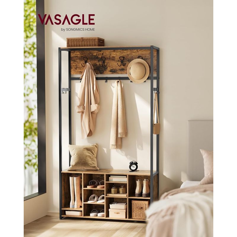 Casa si Gradina - Mobilier - Organizare si depozitare - Cuiere - Cuier pentru hol cu banca si pantofar, raft superior, carlige reglabile, cadru metalic, stil industrial, 100x32x180 cm - Infinity.ro
