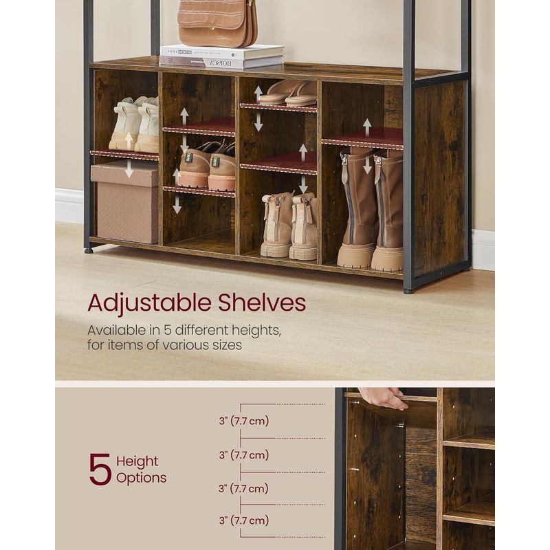 Casa si Gradina - Mobilier - Organizare si depozitare - Cuiere - Cuier pentru hol cu banca si pantofar, raft superior, carlige reglabile, cadru metalic, stil industrial, 100x32x180 cm - Infinity.ro