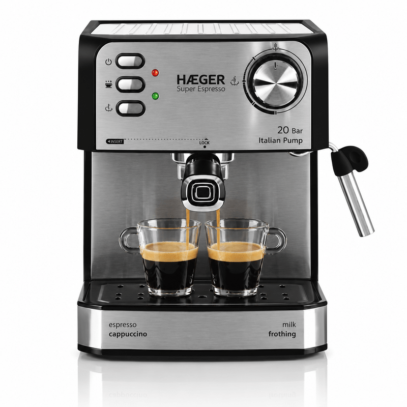 Electronice si Electrocasnice - Electrocasnice bucatarie - Preparare bauturi - Espressoare - Espressor de cafea HAEGER SUPER ESPRESSO, Presiune 20 bar (pompa ULKA Italia), Cafea macinata si capsule, 1.6L - Infinity.ro