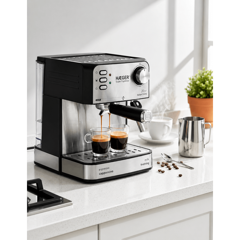 Electronice si Electrocasnice - Electrocasnice bucatarie - Preparare bauturi - Espressoare - Espressor de cafea HAEGER SUPER ESPRESSO, Presiune 20 bar (pompa ULKA Italia), Cafea macinata si capsule, 1.6L - Infinity.ro