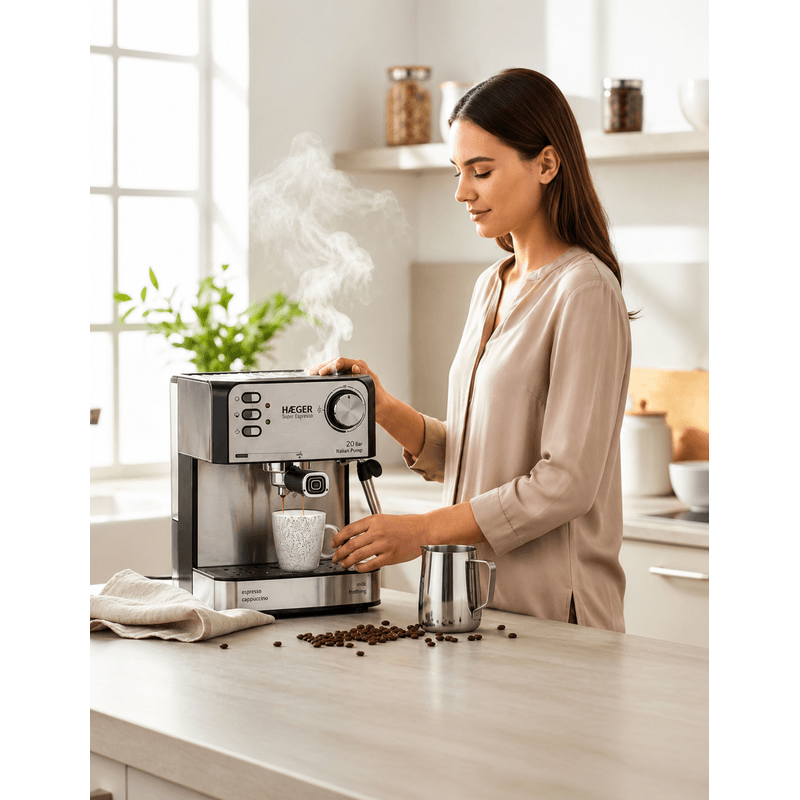 Electronice si Electrocasnice - Electrocasnice bucatarie - Preparare bauturi - Espressoare - Espressor de cafea HAEGER SUPER ESPRESSO, Presiune 20 bar (pompa ULKA Italia), Cafea macinata si capsule, 1.6L - Infinity.ro