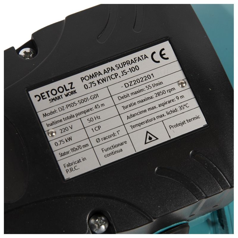 Casa si Gradina - Gradinarit si plante - Instalatii si accesorii pentru irigatii - Pompe apa - Pompa de suprafata detoolz, 0.75 kw, debit maxim 3300 l/h, inaltime maxima de pompare 45m, corp pompa inox - Infinity.ro