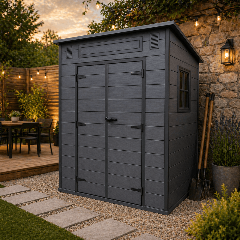 Casa si Gradina - Gradina si terasa - Casute de gradina - Magazie gradina pentru unelte, cu usa dubla si fereastra, PVC imitatie lemn, 181x130x200 cm, negru - Infinity.ro
