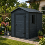 Casa si Gradina - Gradina si terasa - Casute de gradina - Magazie gradina pentru unelte, cu ventilatie si fereastra, PVC imitatie lemn, 131x186x198 cm, negru - Infinity.ro
