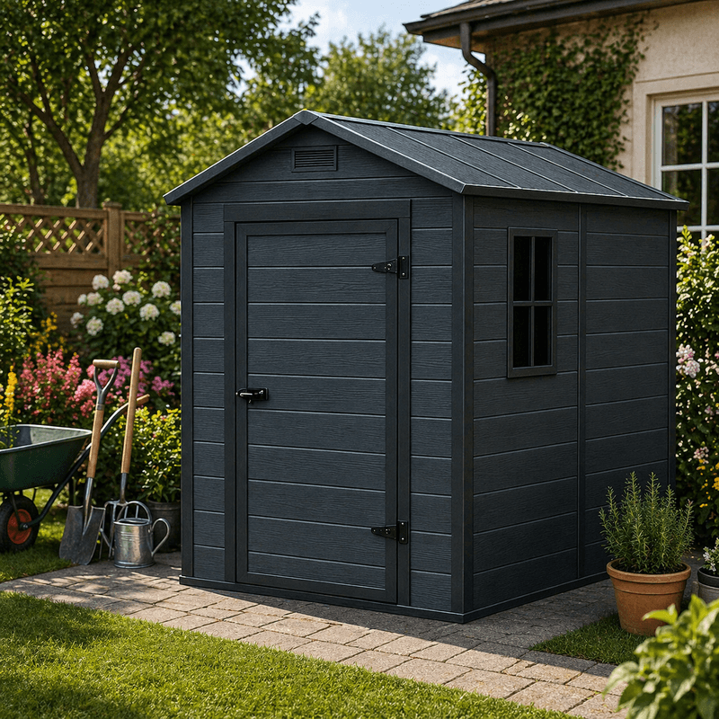 Casa si Gradina - Gradina si terasa - Casute de gradina - Magazie gradina pentru unelte, cu ventilatie si fereastra, PVC imitatie lemn, 131x186x198 cm, negru - Infinity.ro