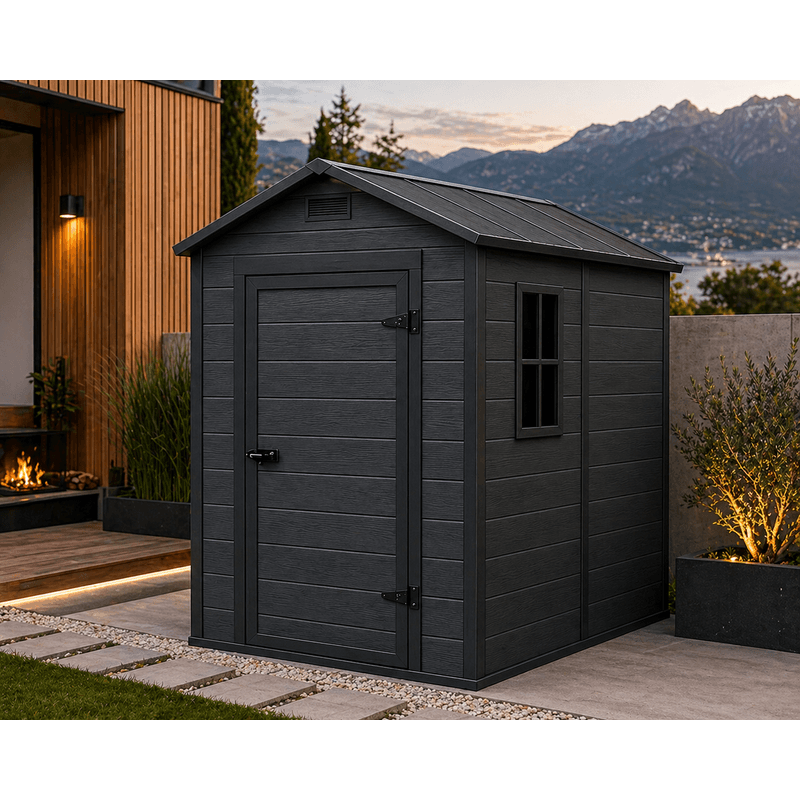 Casa si Gradina - Gradina si terasa - Casute de gradina - Magazie gradina pentru unelte, cu ventilatie si fereastra, PVC imitatie lemn, 131x186x198 cm, negru - Infinity.ro