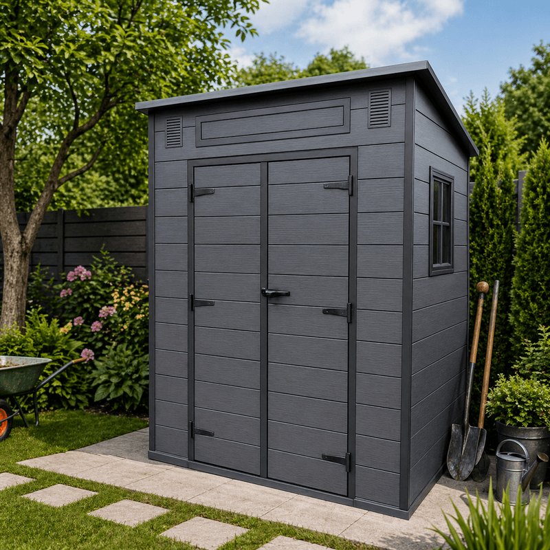 Casa si Gradina - Gradina si terasa - Casute de gradina - Magazie gradina pentru unelte, cu usa dubla si fereastra, PVC imitatie lemn, 181x130x200 cm, negru - Infinity.ro