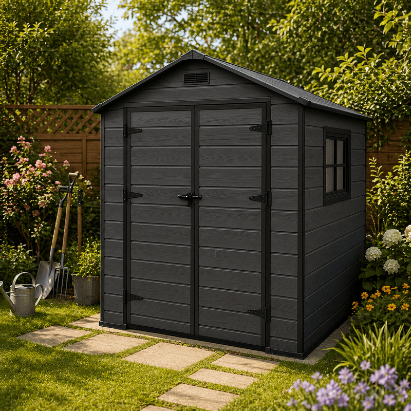 Casa si Gradina - Gradina si terasa - Casute de gradina - Magazie gradina pentru unelte, cu usa dubla si ventilatie, PVC imitatie lemn, 182x181x219 cm, negru - Infinity.ro