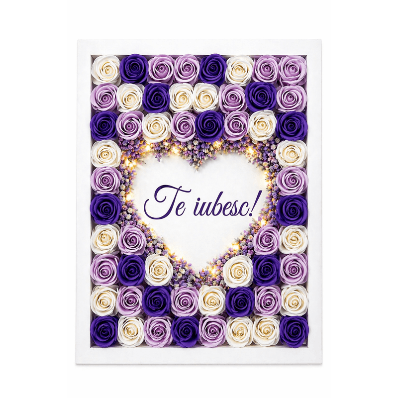 Market - Cadouri - Flori si aranjamente - Aranjament floral tip tablou cu trandafiri decorativi si lumina LED - Infinity.ro