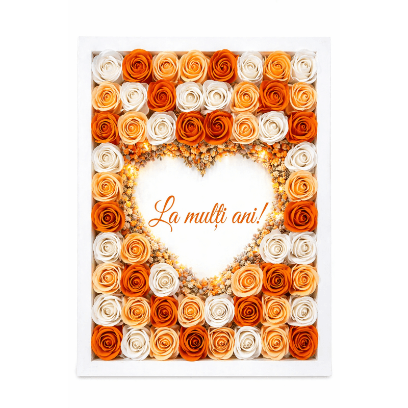 Market - Cadouri - Flori si aranjamente - Aranjament floral tip tablou cu trandafiri decorativi si lumina LED - Infinity.ro