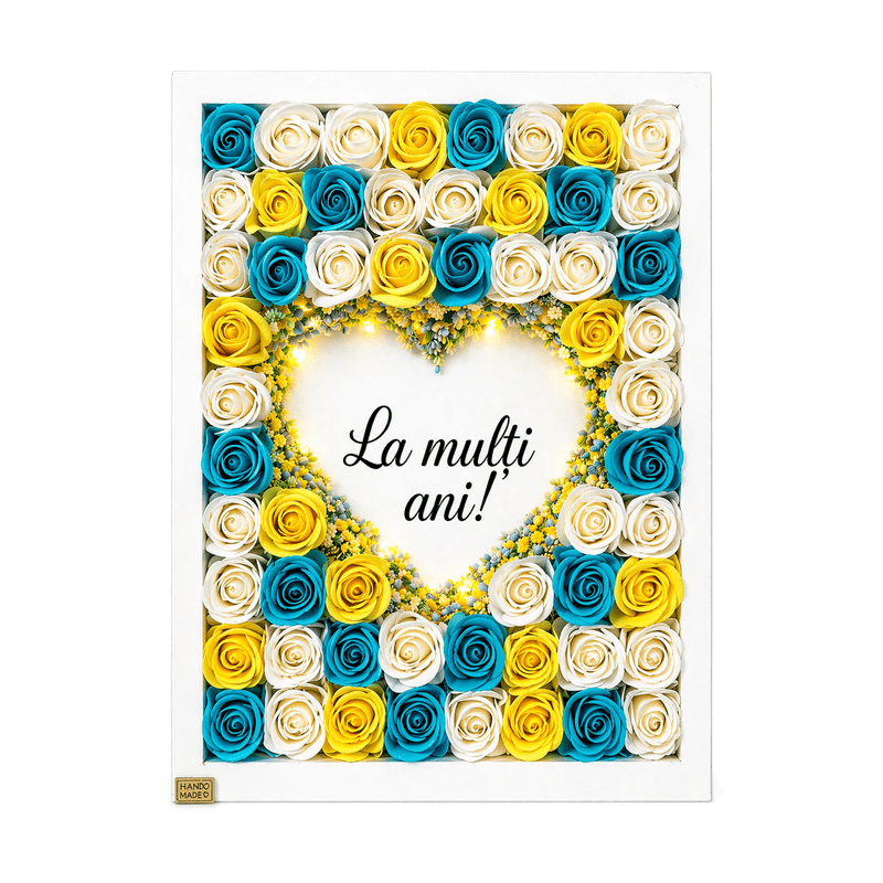 Market - Cadouri - Flori si aranjamente - Aranjament floral tip tablou cu trandafiri decorativi si lumina LED - Infinity.ro